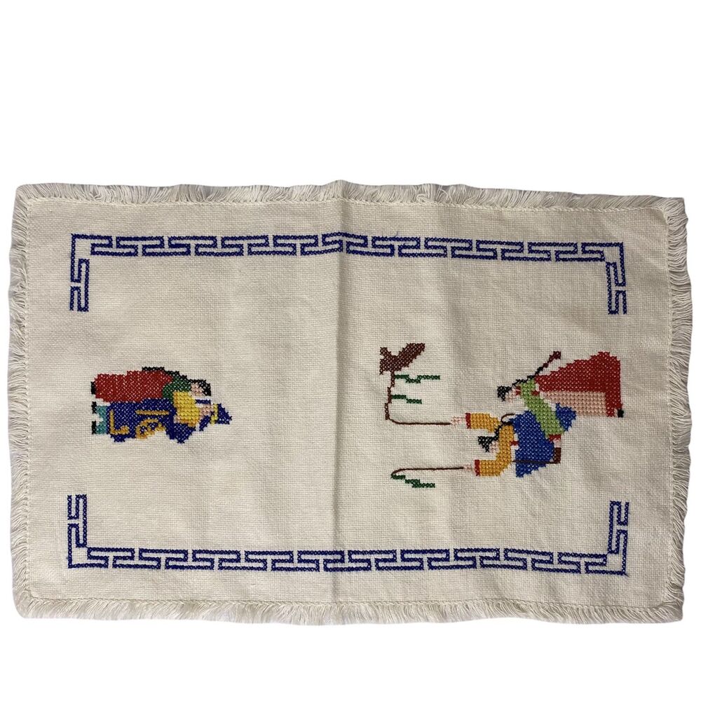Hand Embroidered Finger Tea Towel Asian‎ Design Fringe 14 x 9 Cross Stitch